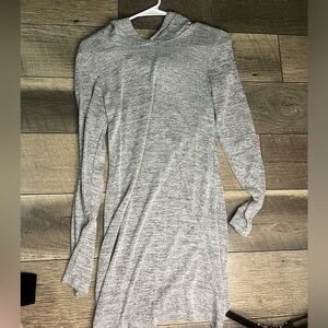 grey long sleeve, extra long top, with hoodie